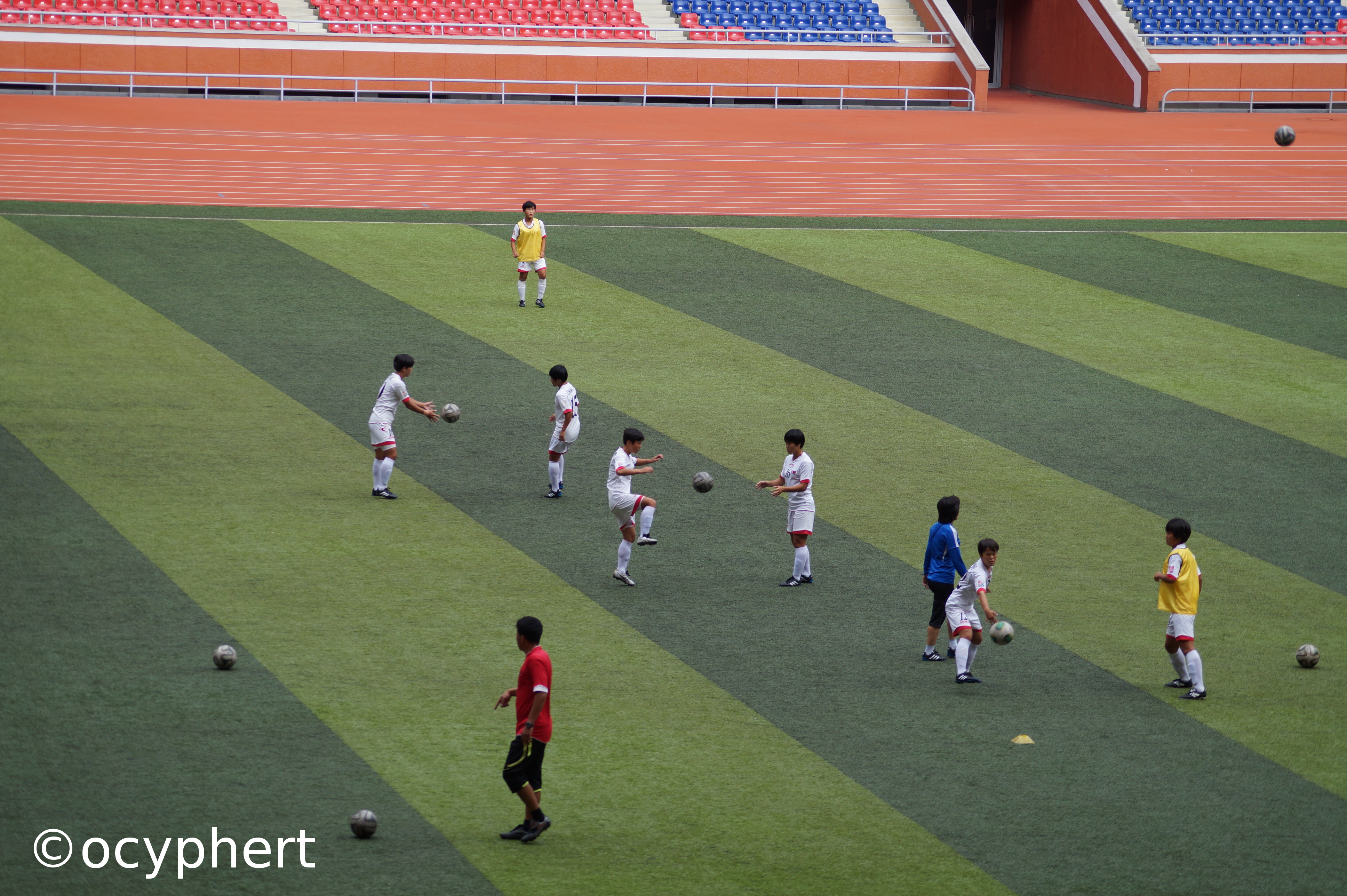 Auf dem Spielfeld des Stadions trainieren Fußballspielerinnen in Paaren und spielen sich Bälle hin und her.